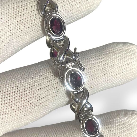 Vintage 925 Sterling Silver Garnet Stone XO Link Bracelet 7" / Fits 6.5" Wrist - Picture 9 of 10